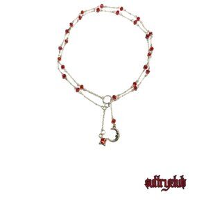 Red Crystal Beaded Wrap O Ring Lariat Discreet Choker Necklace